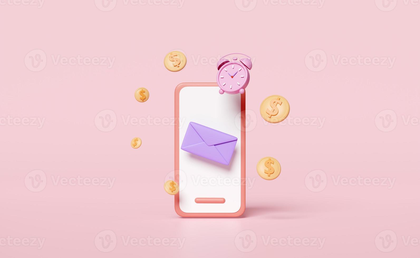 3d mobile phone, smartphone with  envelope, alarm clock wake-up time, coins isolated on pink background. notify newsletter, online incoming email, 3d render illustration photo