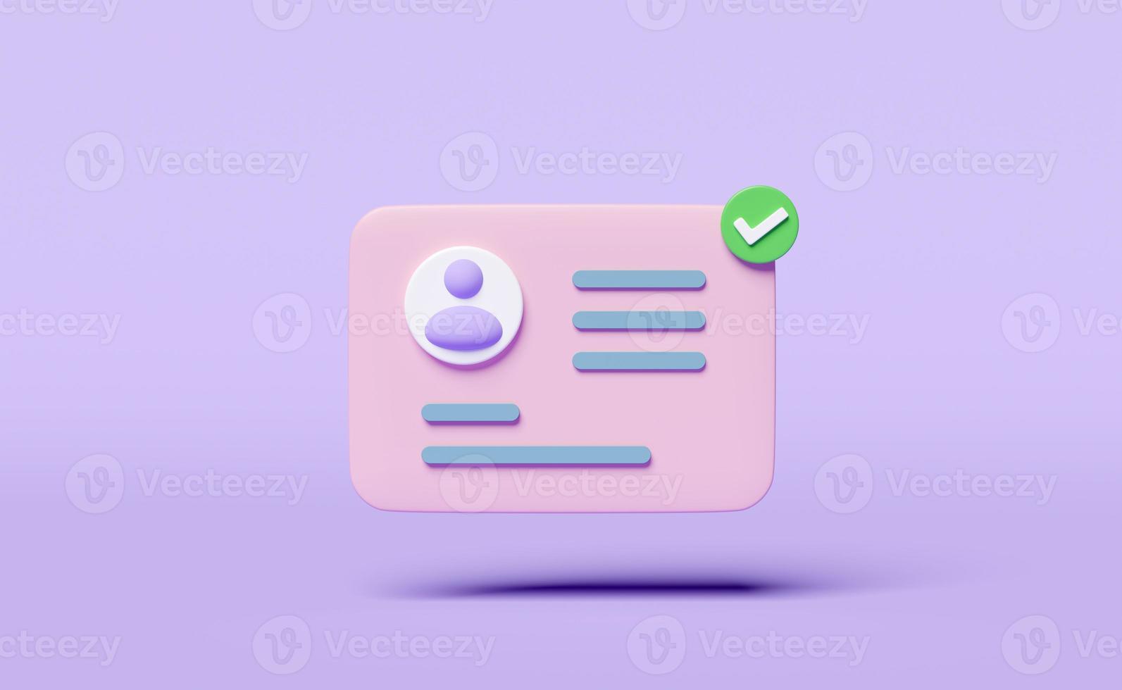 3d Id card icon with check mark isolated on purple background. human resources, plastic card, Job search concept, 3d render illustration photo