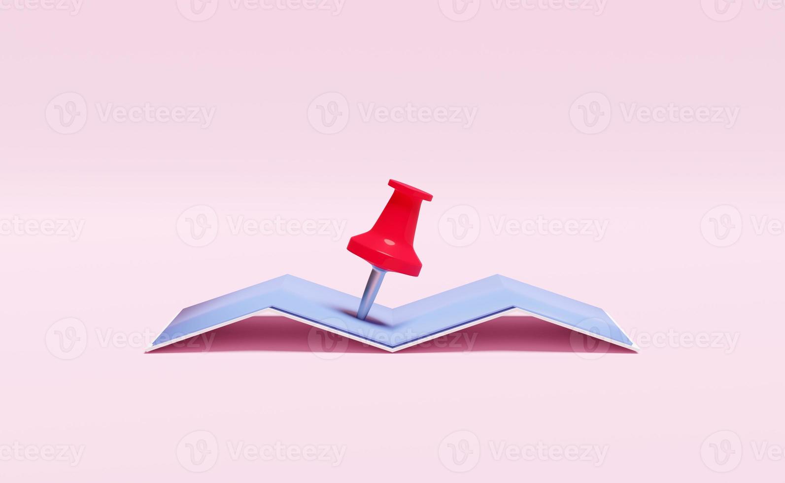 Map and red pin 3d isolated on pink, abstract background, map earth travel concept, 3d render illustration photo