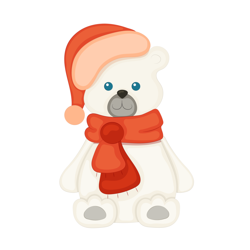 Cute white Arctic bear wearing Christmas Santa hat and scarf. png