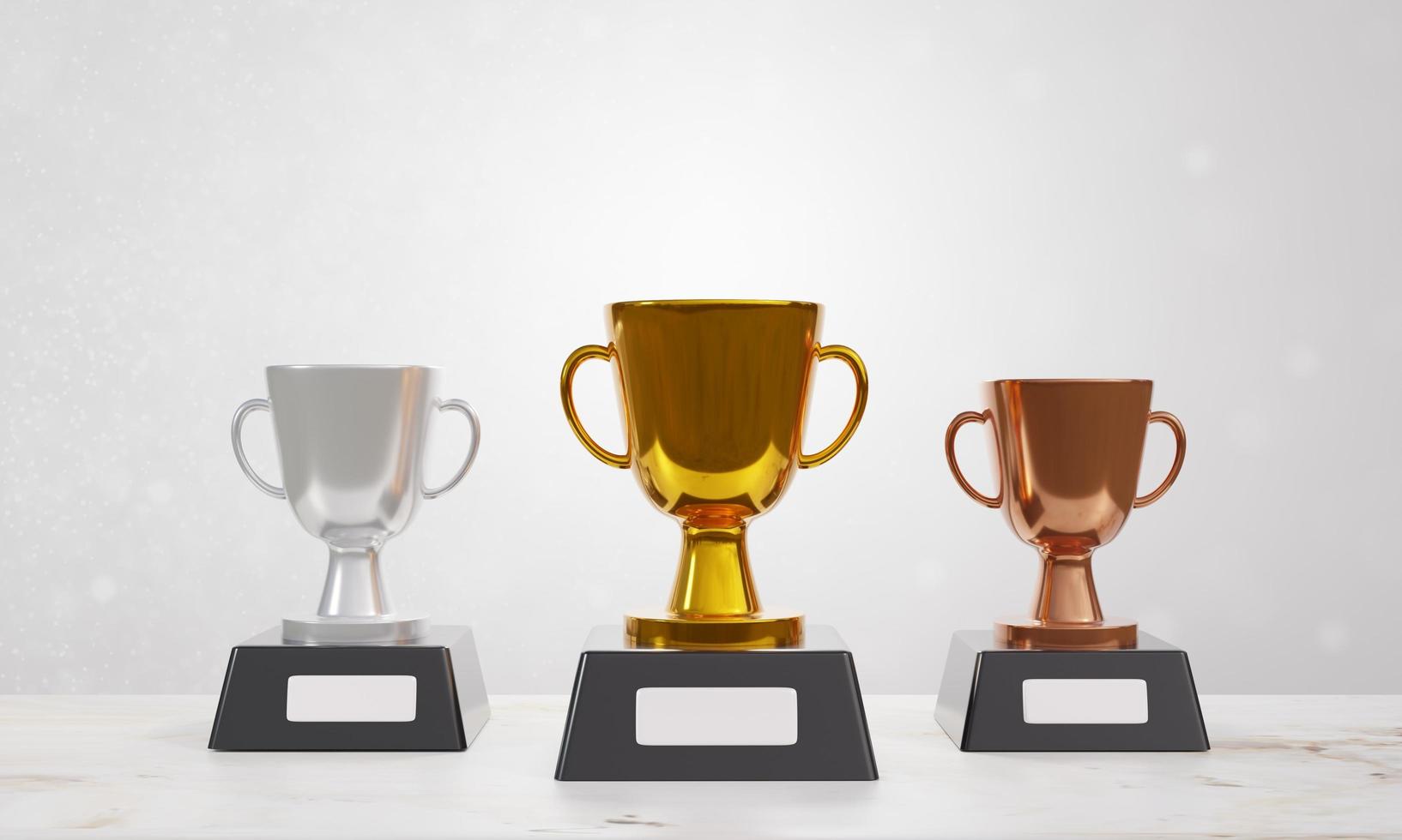 trofeos para los ganadores. conjunto de trofeos de oro, plata y bronce sobre fondo blanco. concepto ganador, diseño de premios, logro, 1°, 2°, 3° lugar. ilustración de renderizado 3d foto