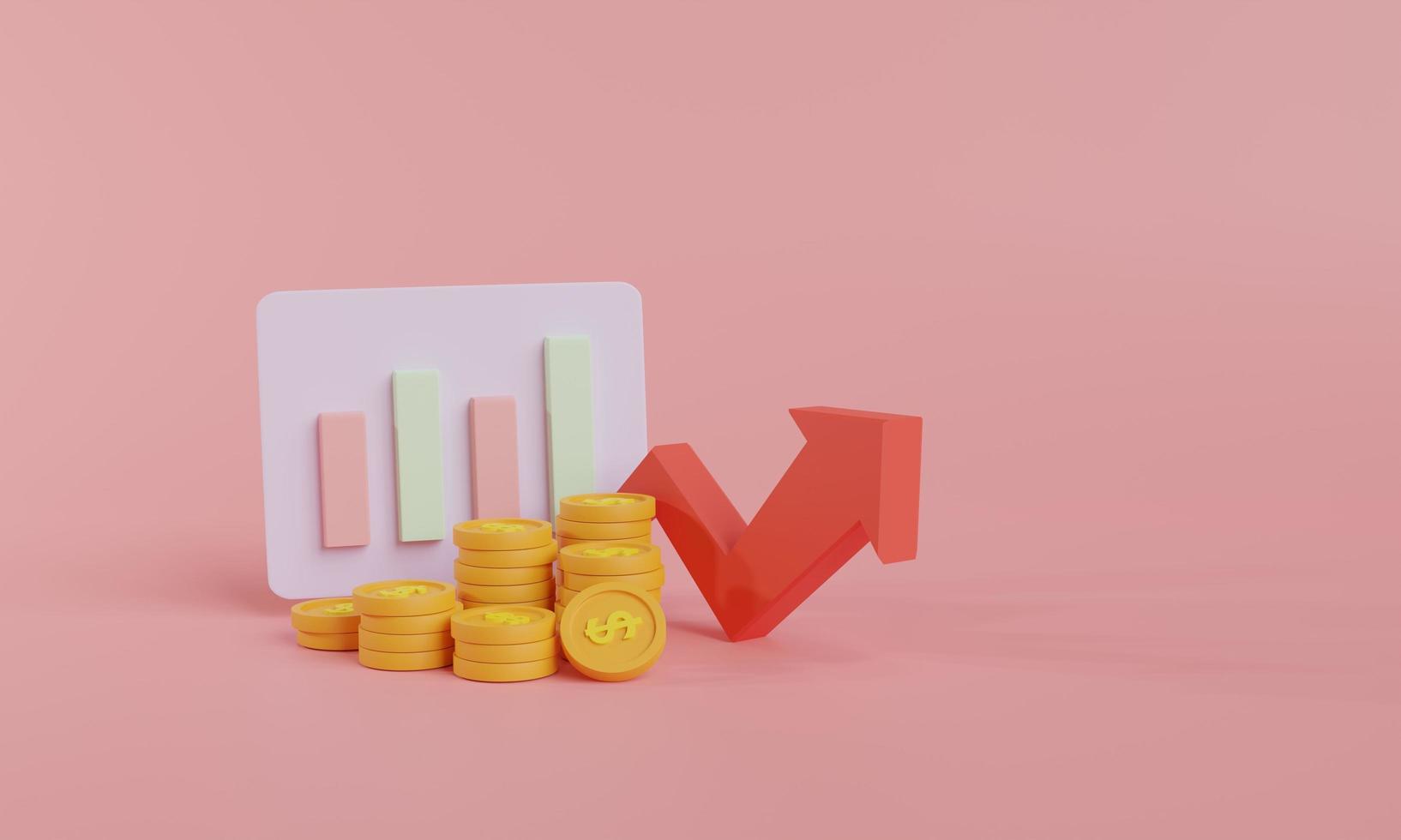 pile of dollar gold coins and growing graph bar on background minimalist style. business success concept, financial planning, investing, saving. 3D rendering illustration photo