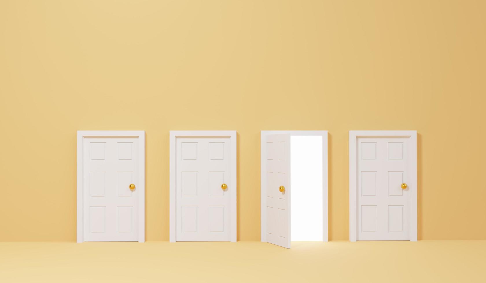 white doors with one that opened were lit by a white light. business concept of choice or the right way. 3D rendering illustration photo