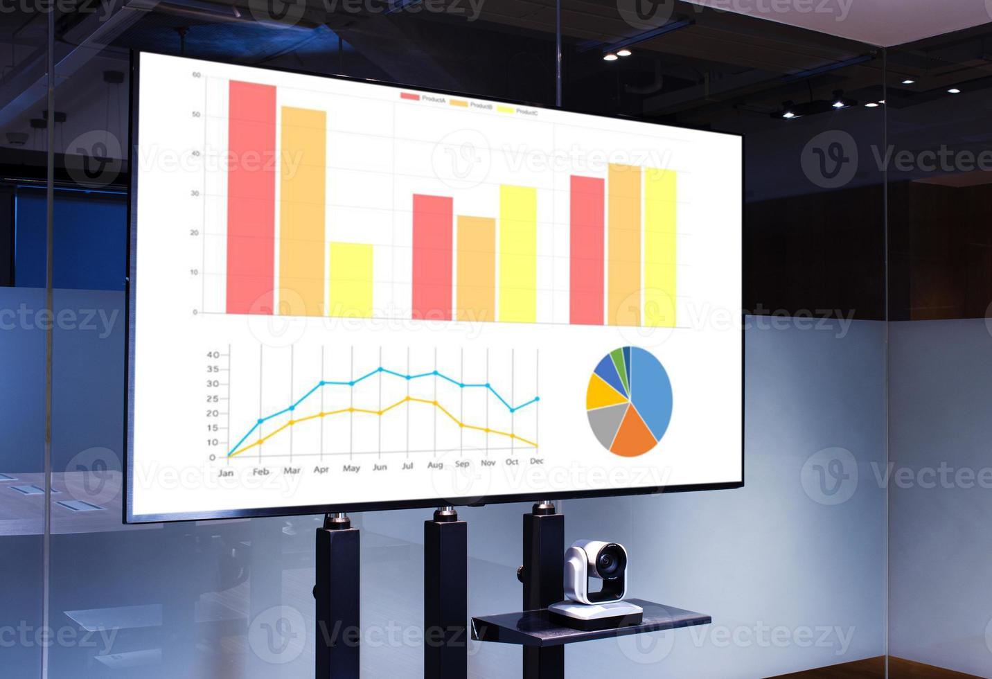 Mock up chart slide show presentation on display television with camera webcam in meeting room photo