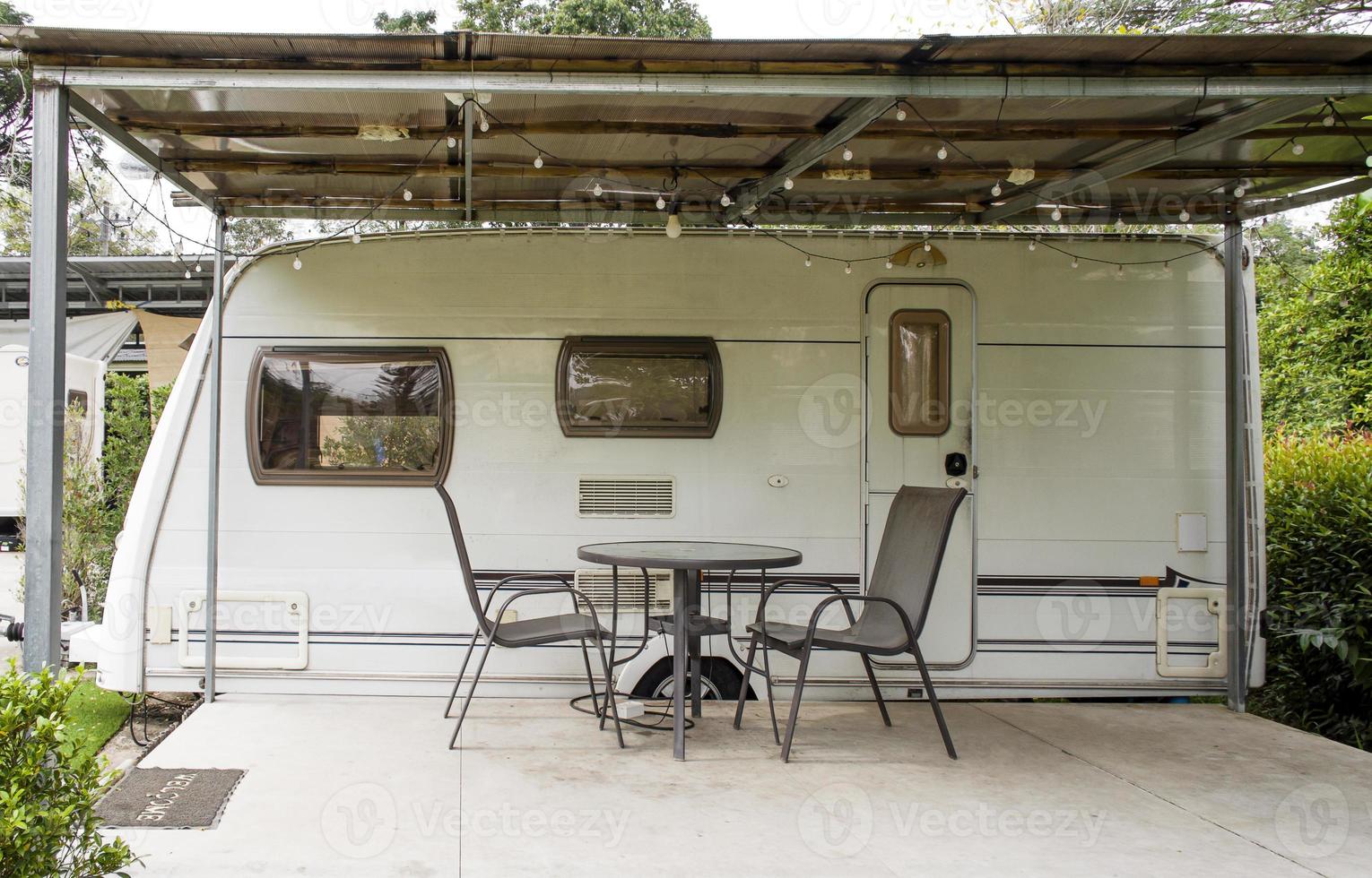 Caravan trailer with balcony in front photo