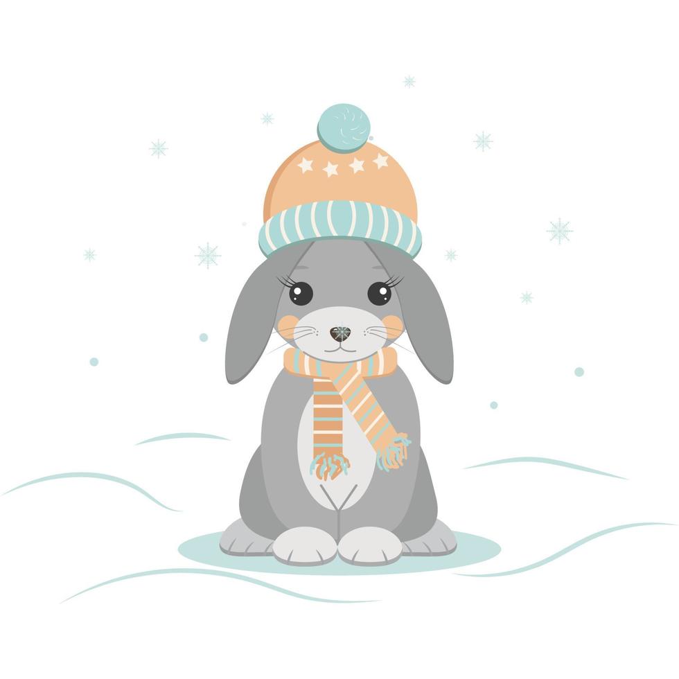 rabbit in a hat and scarf it's cold winter has begun snowflakes are falling vector