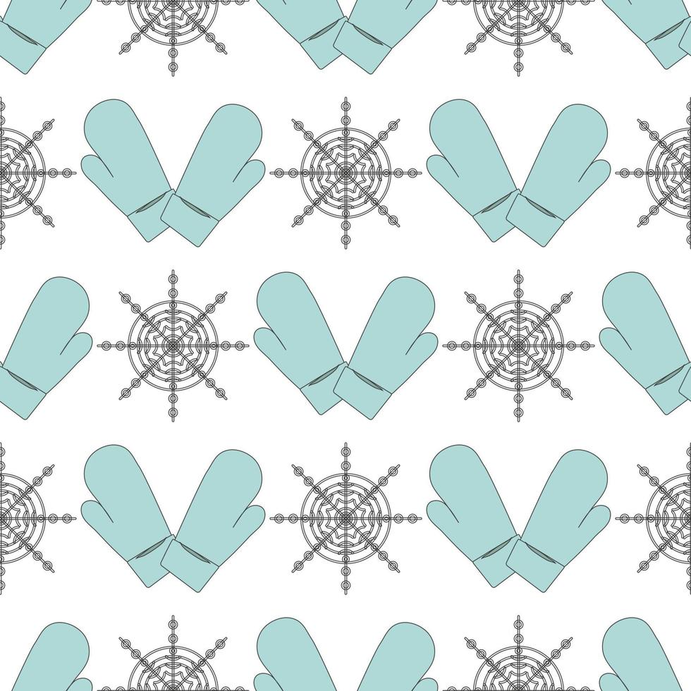 pattern of winter warm clothes mittens and snowflakes in line art style for gift wrapping, wrapping paper vector