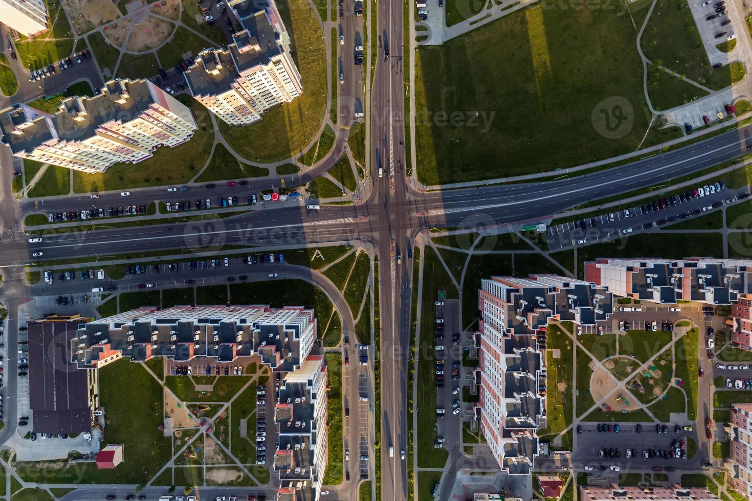 aerial view of road interchange or highway intersection. Junction network of transportation taken by drone. photo