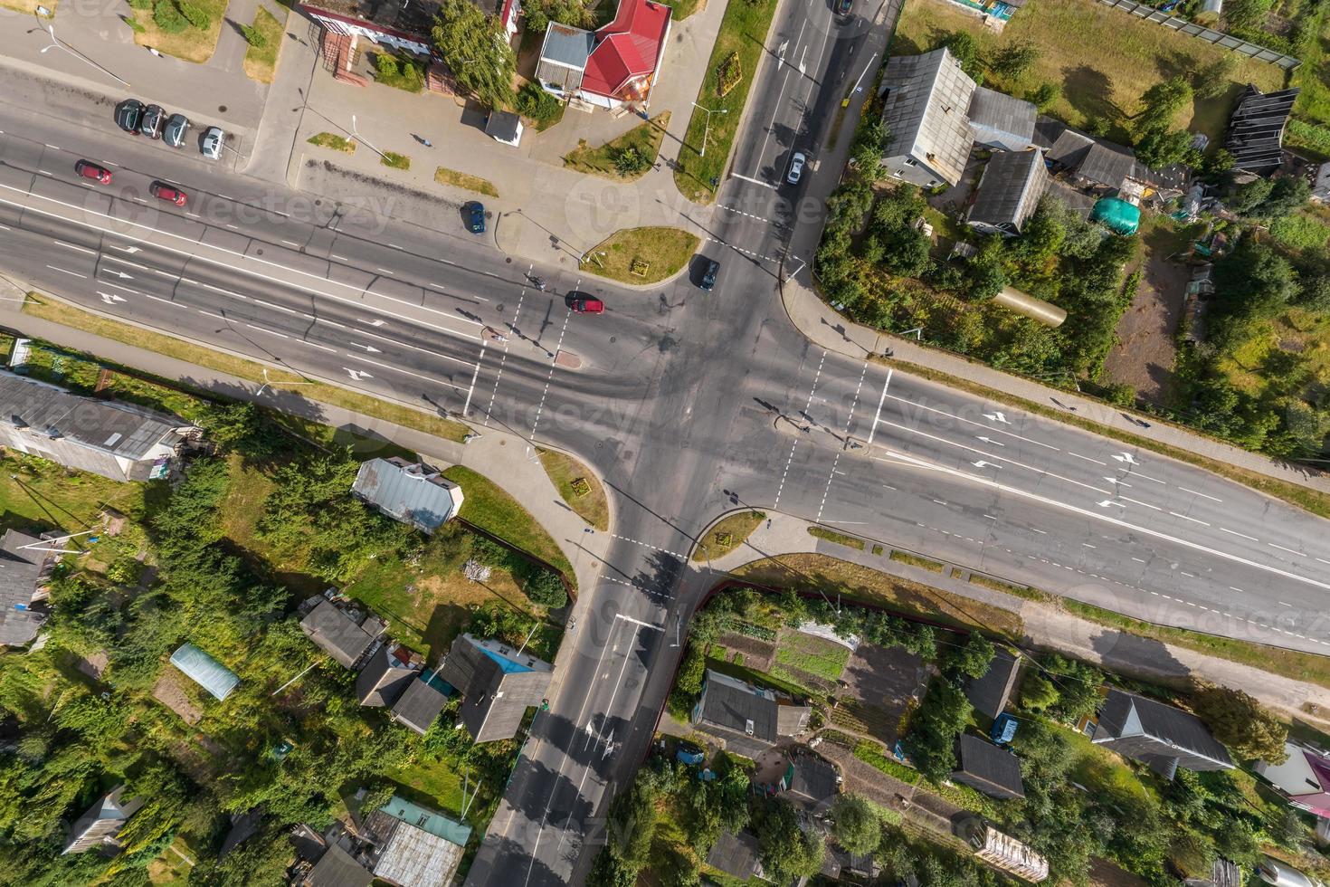 aerial view of road interchange or highway intersection. Junction network of transportation taken by drone. photo