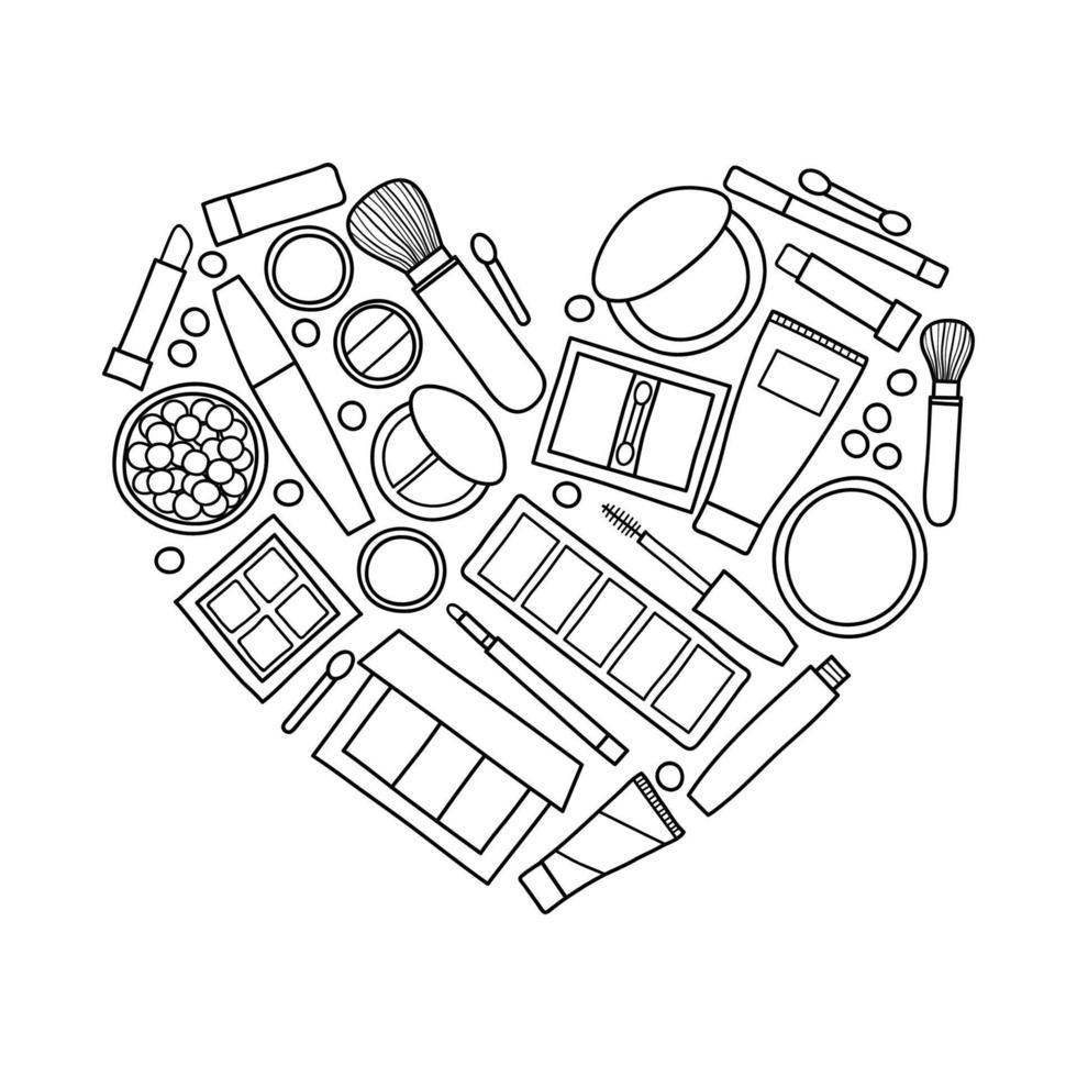 Hand drawn makeup products in heart shape. vector