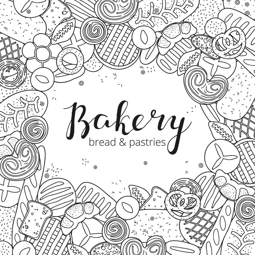 Square background with hand drawn bread, pastries. vector