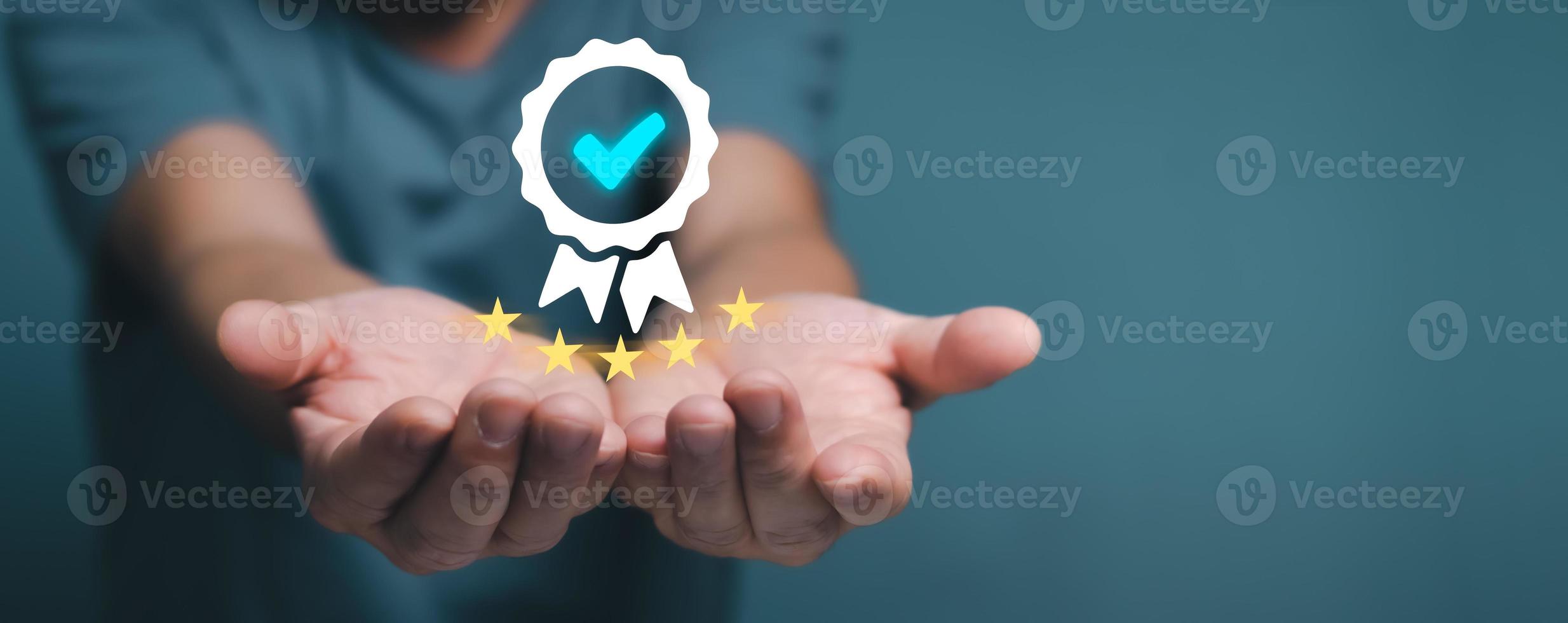 Quality assurance 5 star, Guarantee, Standards, ISO certification and standardization concept, Hand shows the sign of the top service. photo