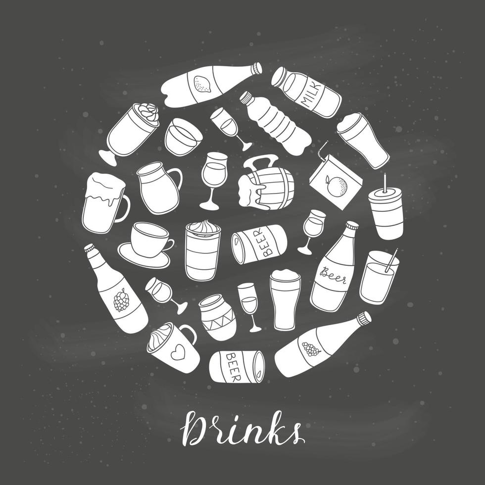 Hand drawn liquid drinks in circle. vector