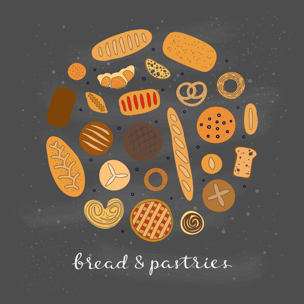 Hand drawn bread and pastries in circle. vector