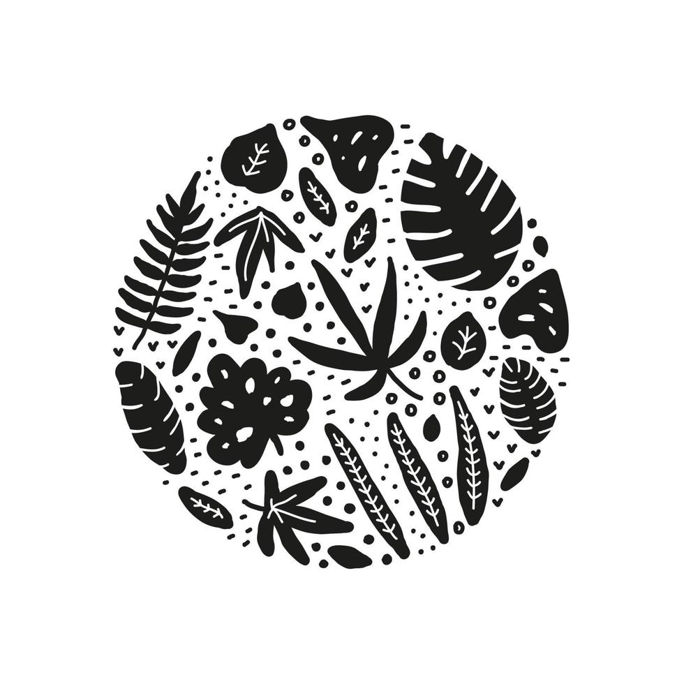 Doodle jungle leaves in circle. vector