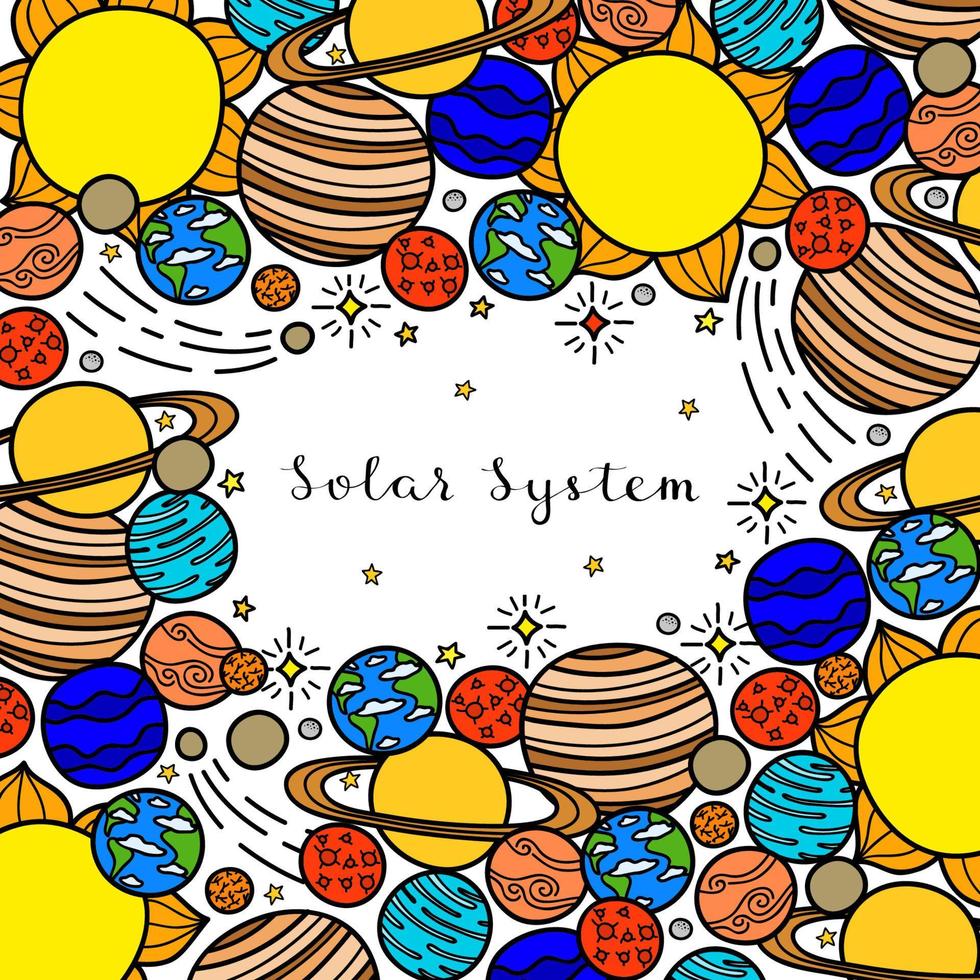 Square background with hand drawn planets, stars. vector