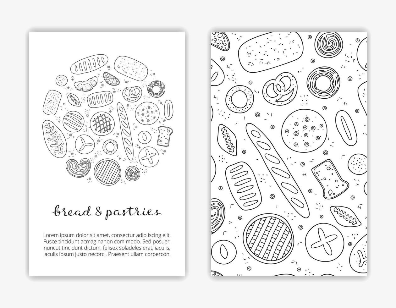 Card templates with hand drawn bread and pastries. vector