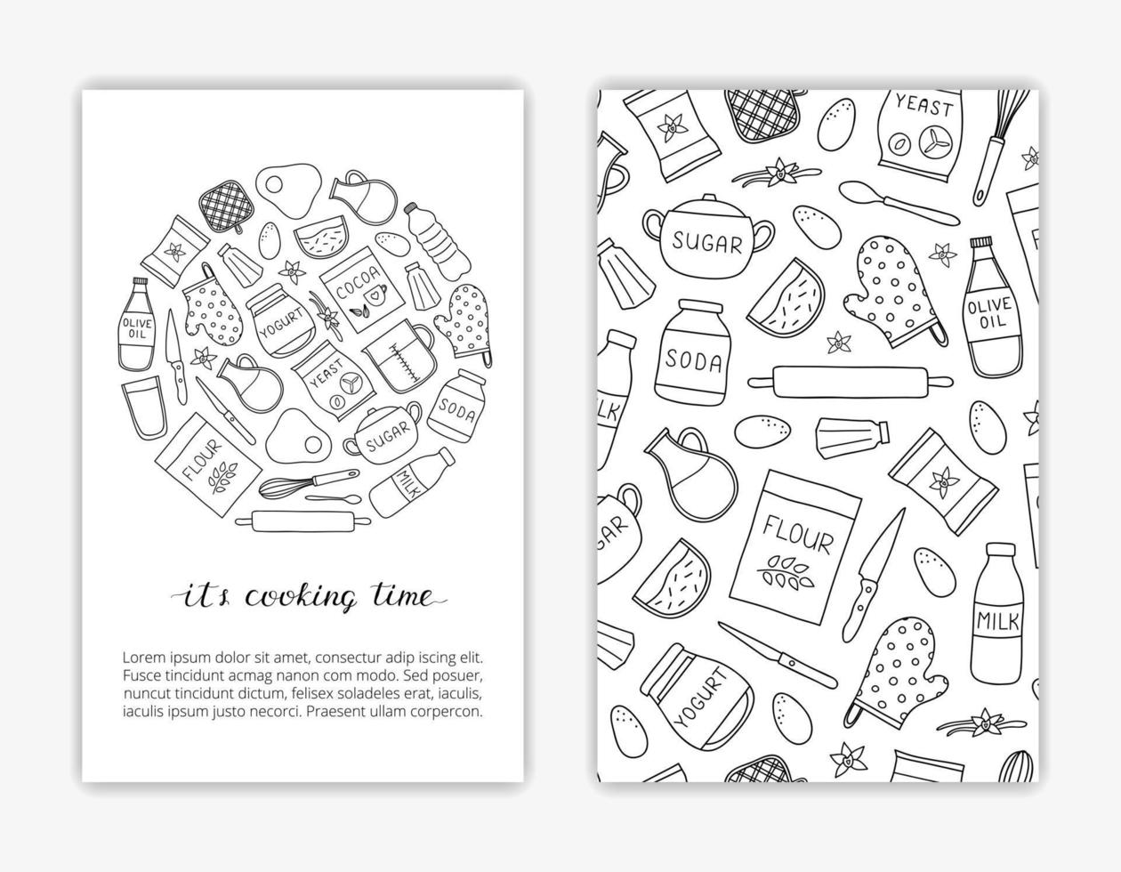 Card templates with doodle baking ingredients. vector