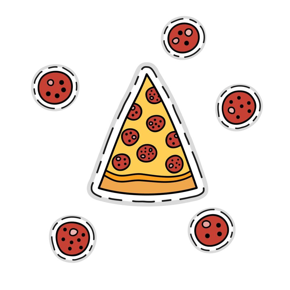 Sticker of pizza slice. vector