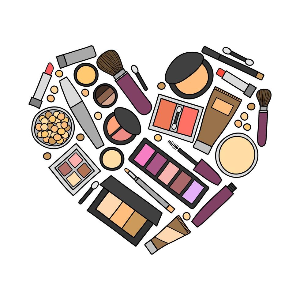 productos de maquillaje dibujados a mano en forma de corazón. vector