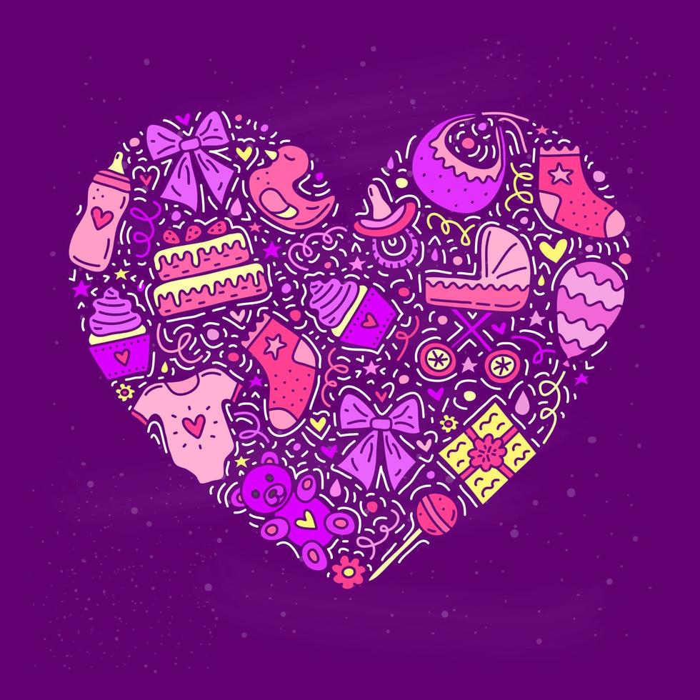 Doodle icons for baby shower in heart shape. vector