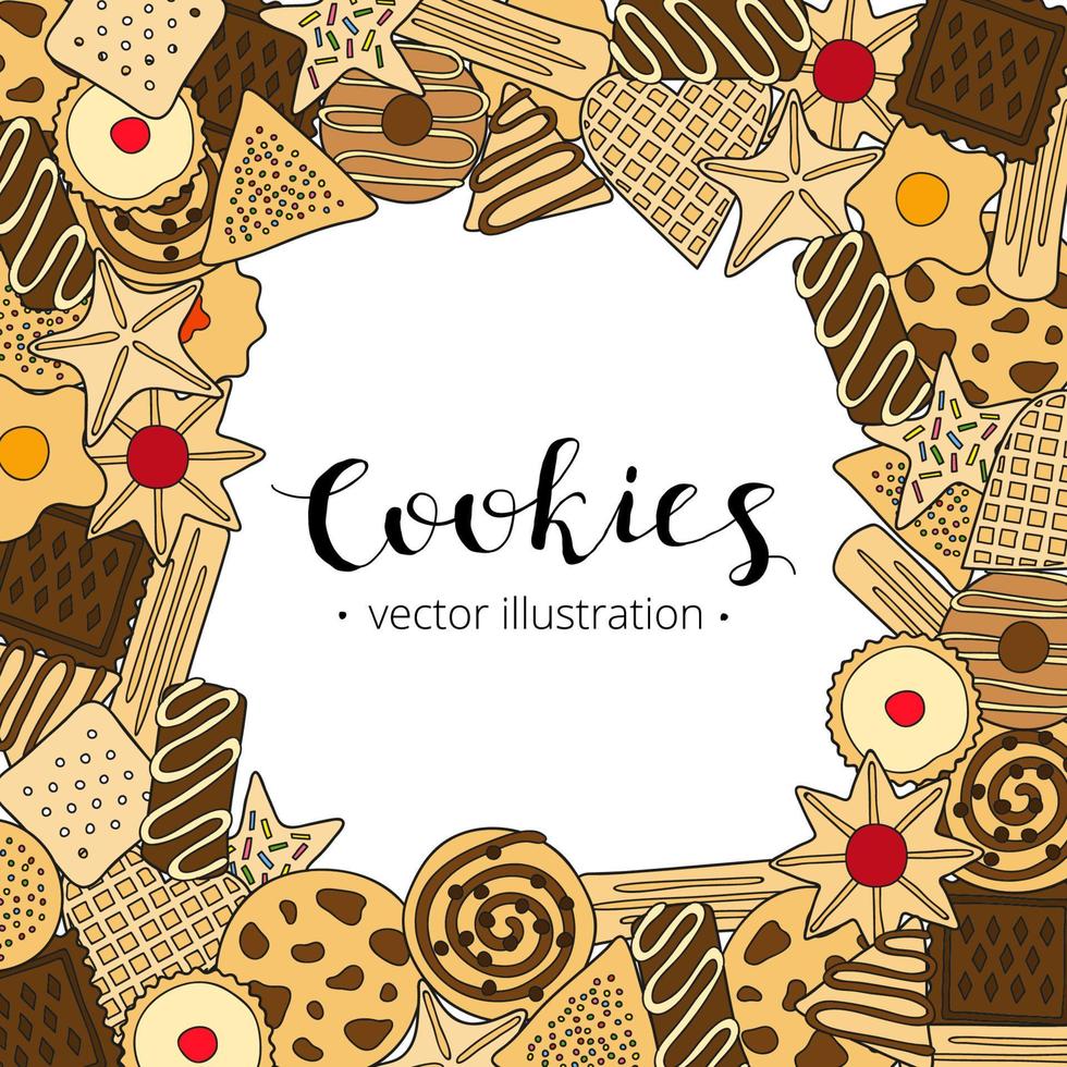 Square background with hand drawn cookies. vector