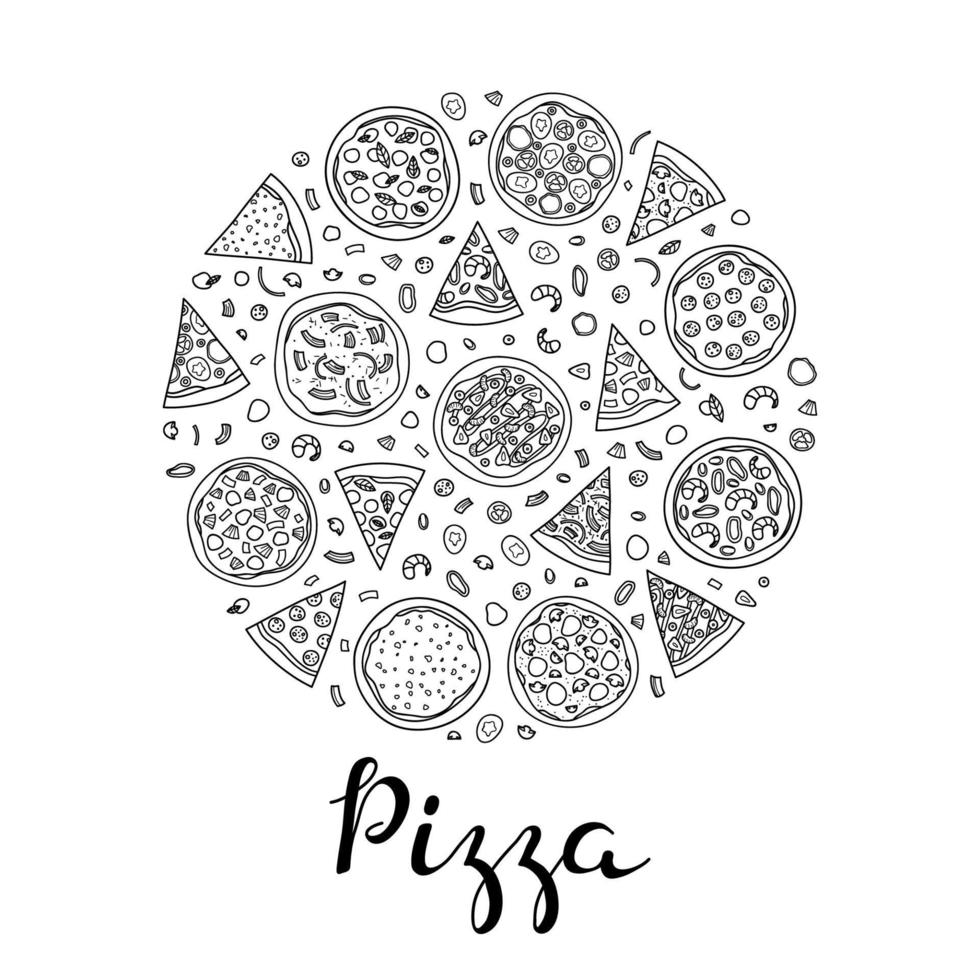 Doodle pizza with lettering in circle. vector