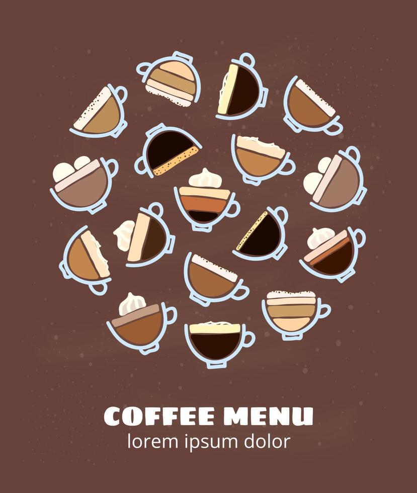 Doodle coffee drinks in circle. vector