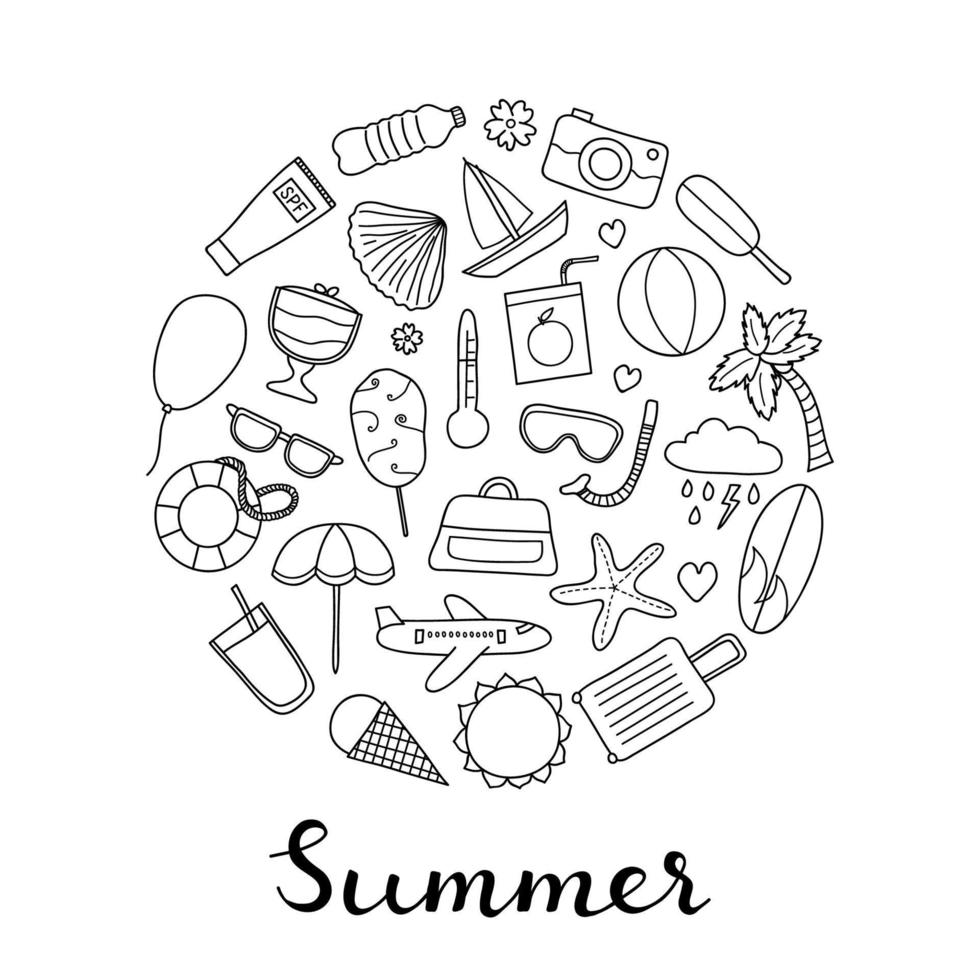 Doodle summer items in circle. vector