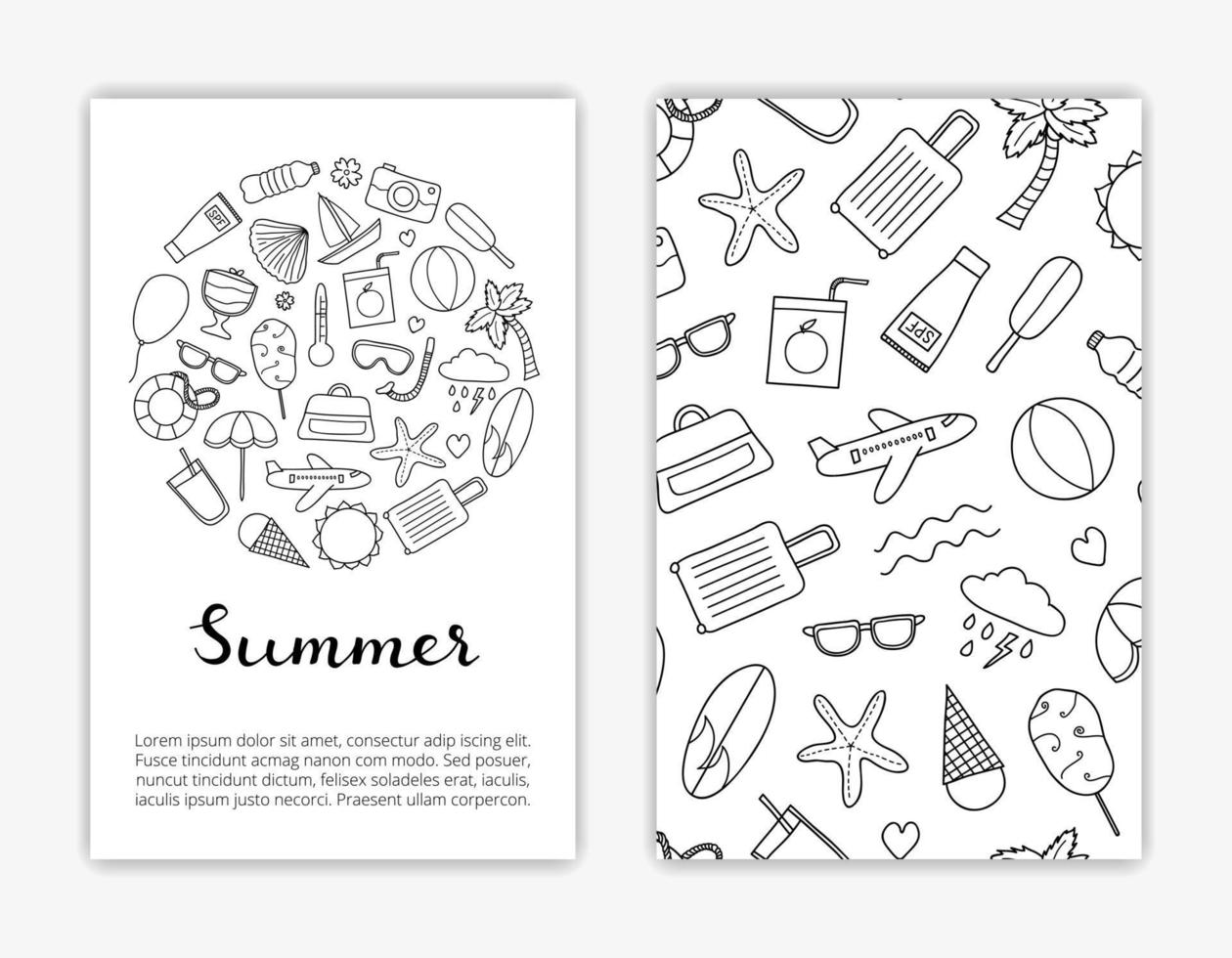 plantillas de tarjetas con artículos de verano de garabatos. vector