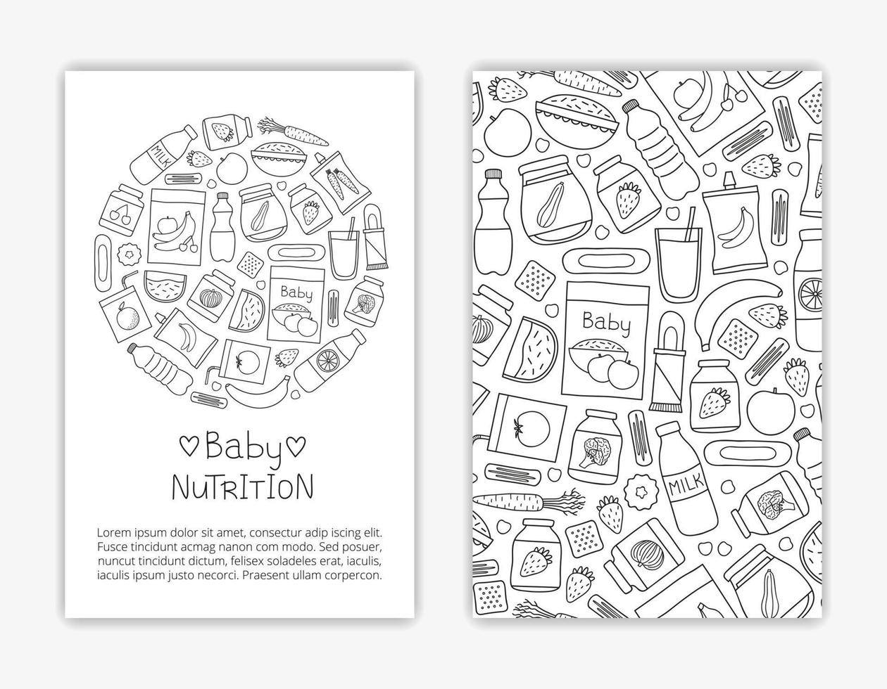 plantillas de tarjetas con alimentos para bebés dibujados a mano. vector