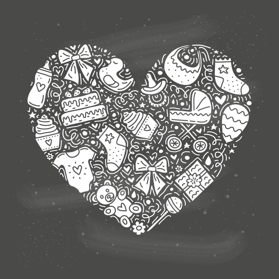 Doodle icons for baby shower in heart shape. vector