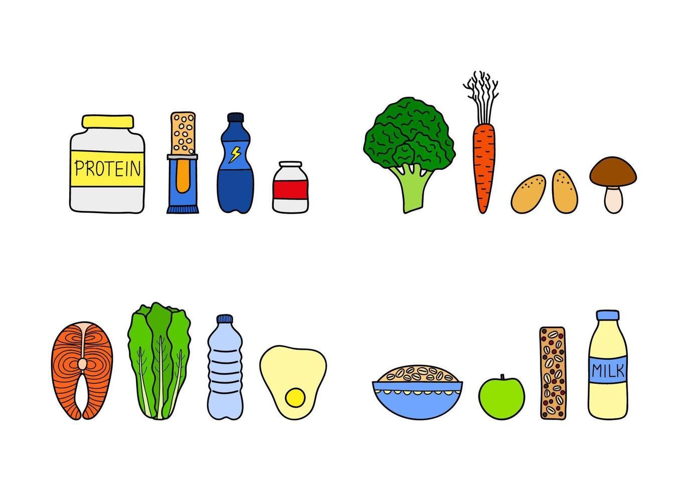 Groups of doodle sport foods. vector