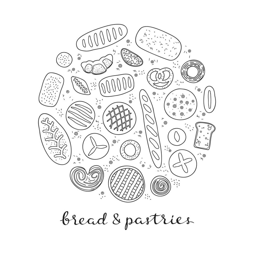 Hand drawn bread and pastries in circle. vector