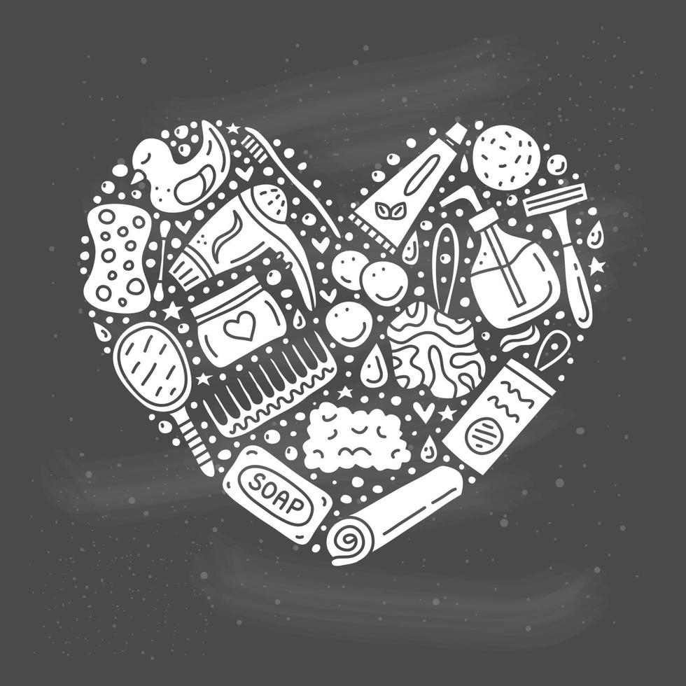 Doodle bathroom and hygiene icons in heart shape. vector