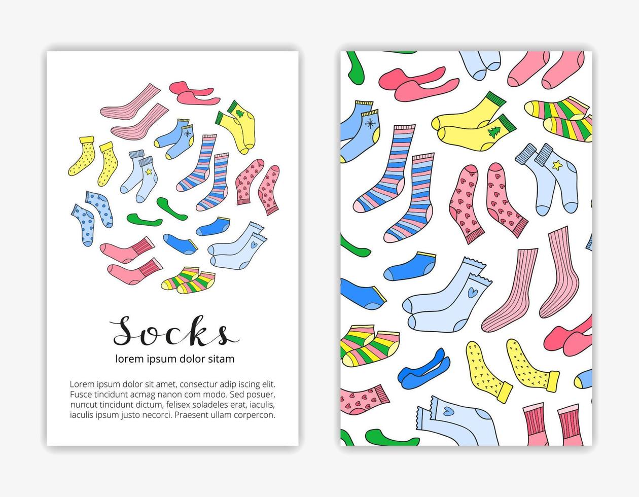 plantillas de tarjetas con calcetines dibujados a mano. vector