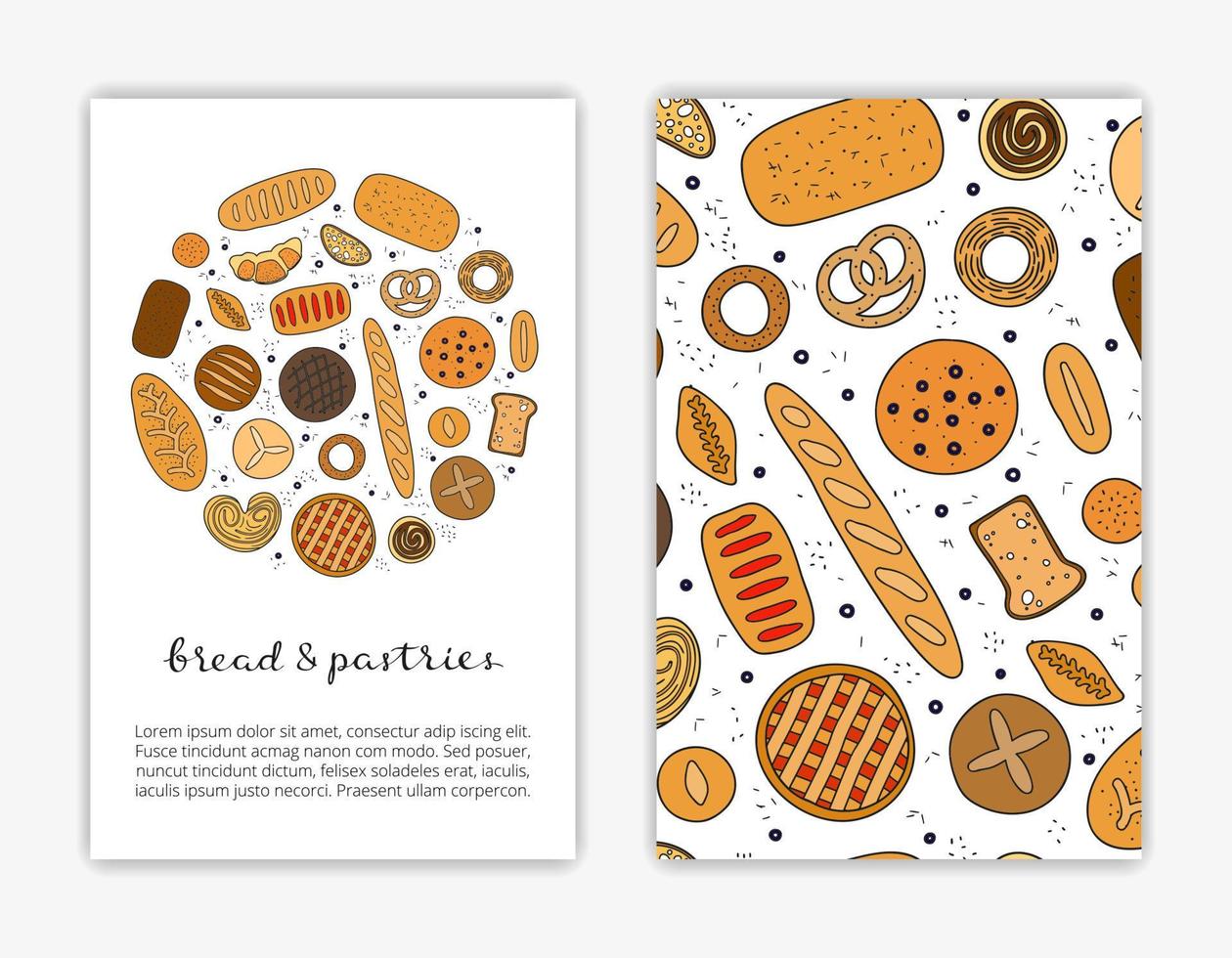 Card templates with hand drawn bread and pastries. vector