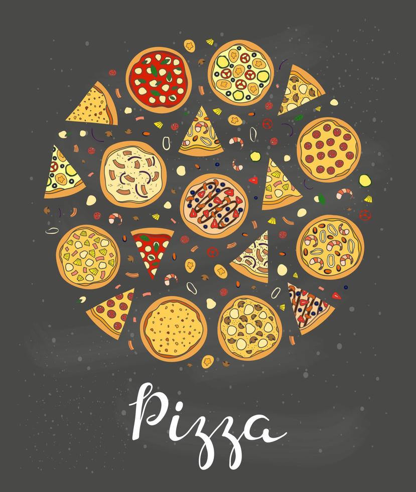 Doodle pizza with lettering in circle. vector