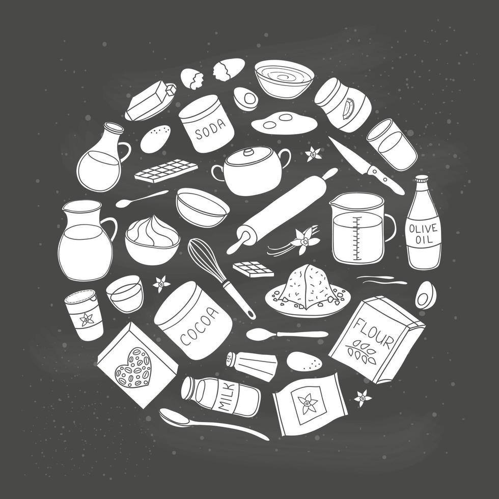 Hand drawn cooking, baking ingredients in circle. vector