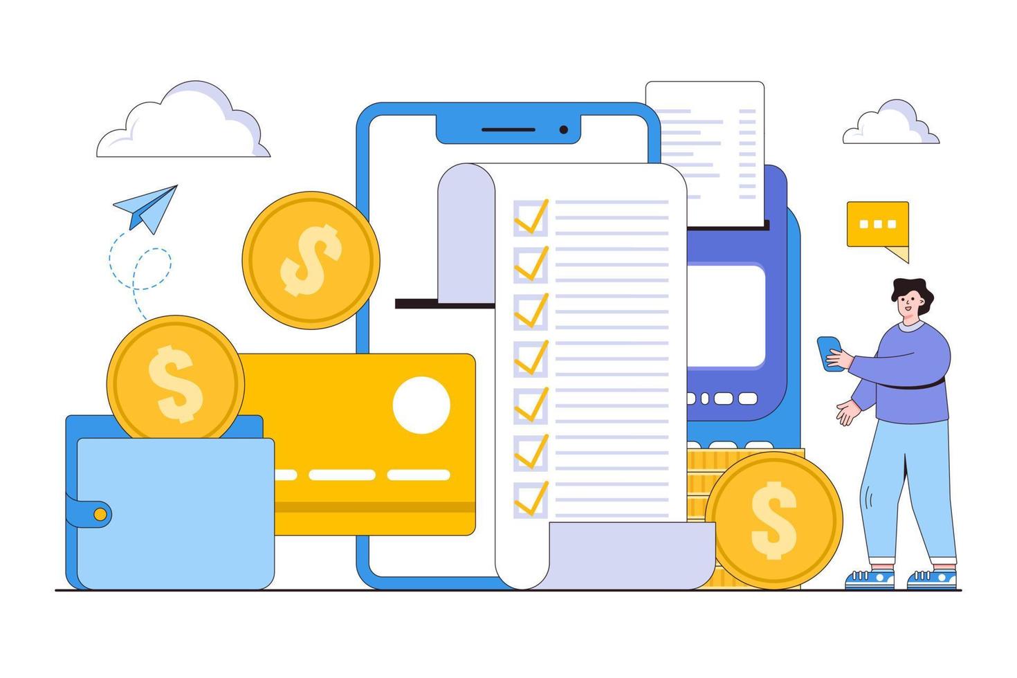Flat receive on smartphone with coin money and credit card online shopping and success payment concept. Outline design style illustration for landing page, web banner, infographics, hero images vector