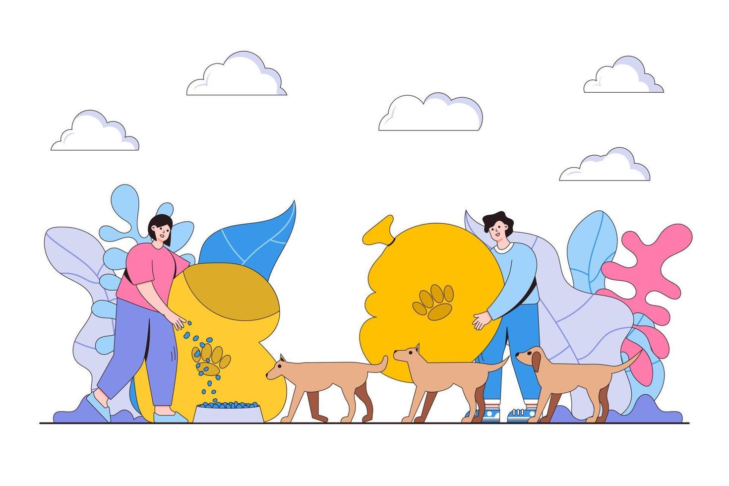 voluntarios en el trabajo. feliz pareja joven, hombre y mujer alimentándose juntos. concepto de cuidado de animales y voluntariado. diseño de personajes de dibujos animados planos para página de destino web, banner vector