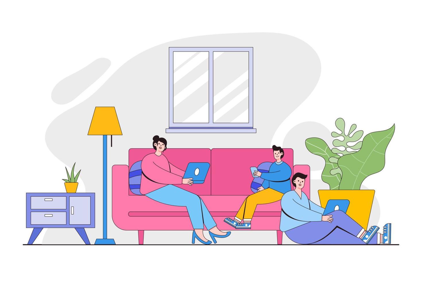 Flat family sitting together at home and using digital devices. Concept of addicted to social media for landing page, web mobile and banner vector