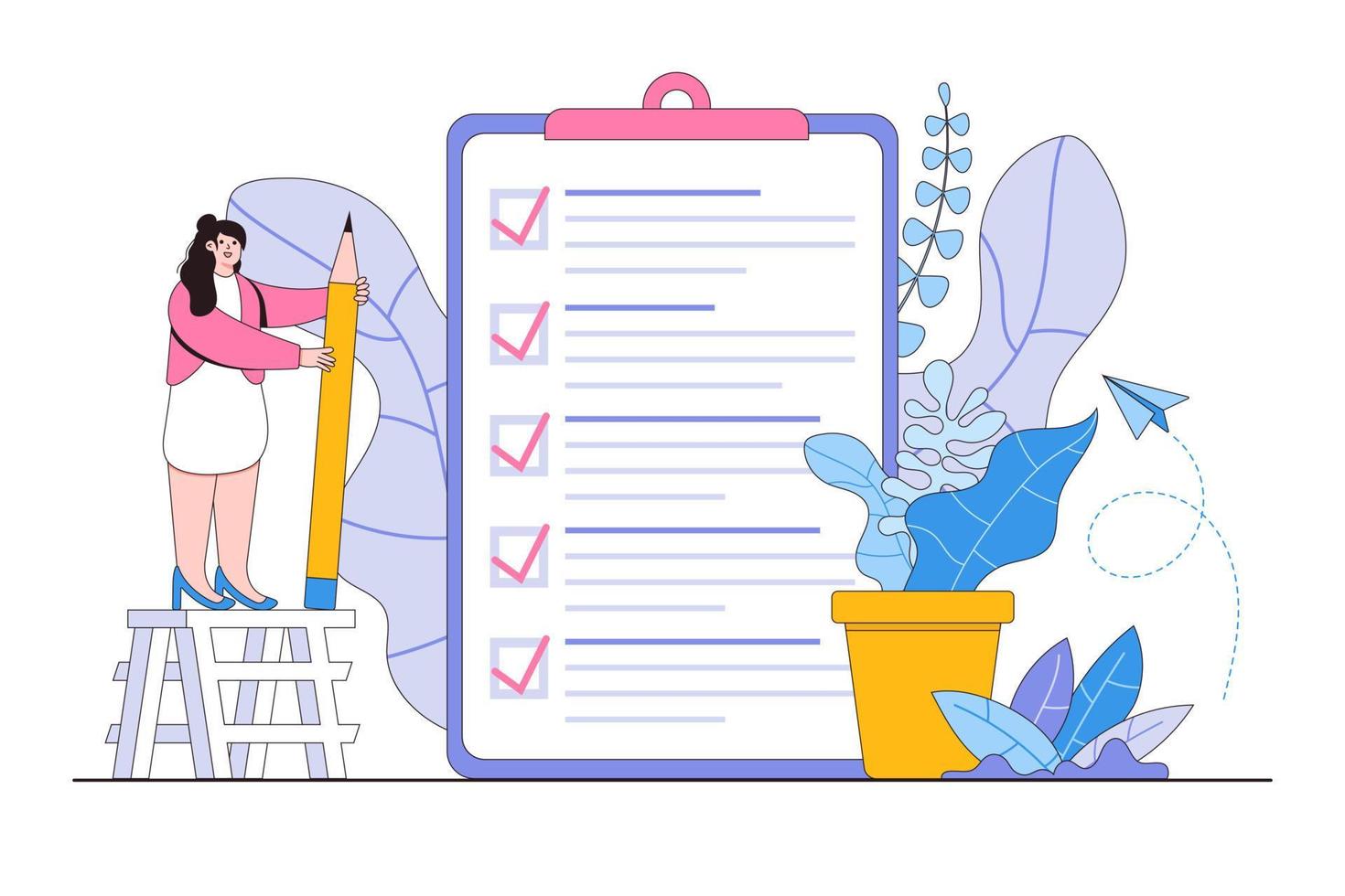 Young businesswoman holding a pencil and completed checklist on clipboard and business task. Concept of goal achievements planning schedule. Flat cartoon character design for landing page vector