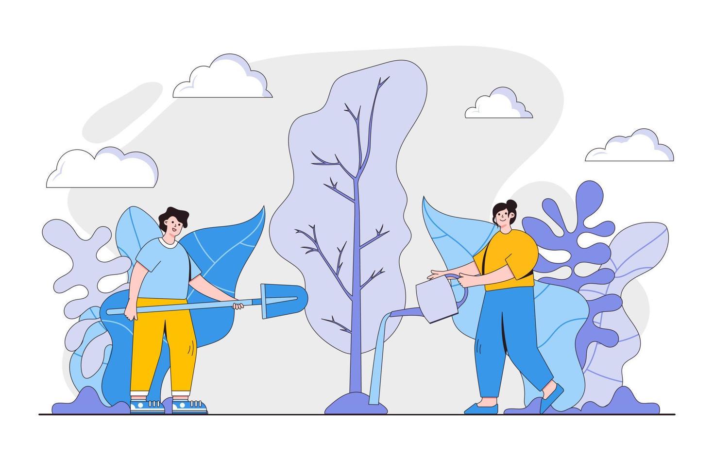 Volunteers at work. Happy young couple, man and woman planting and watering tree together. Concept of volunteering and charity social. Flat cartoon character design for web landing page, banner vector