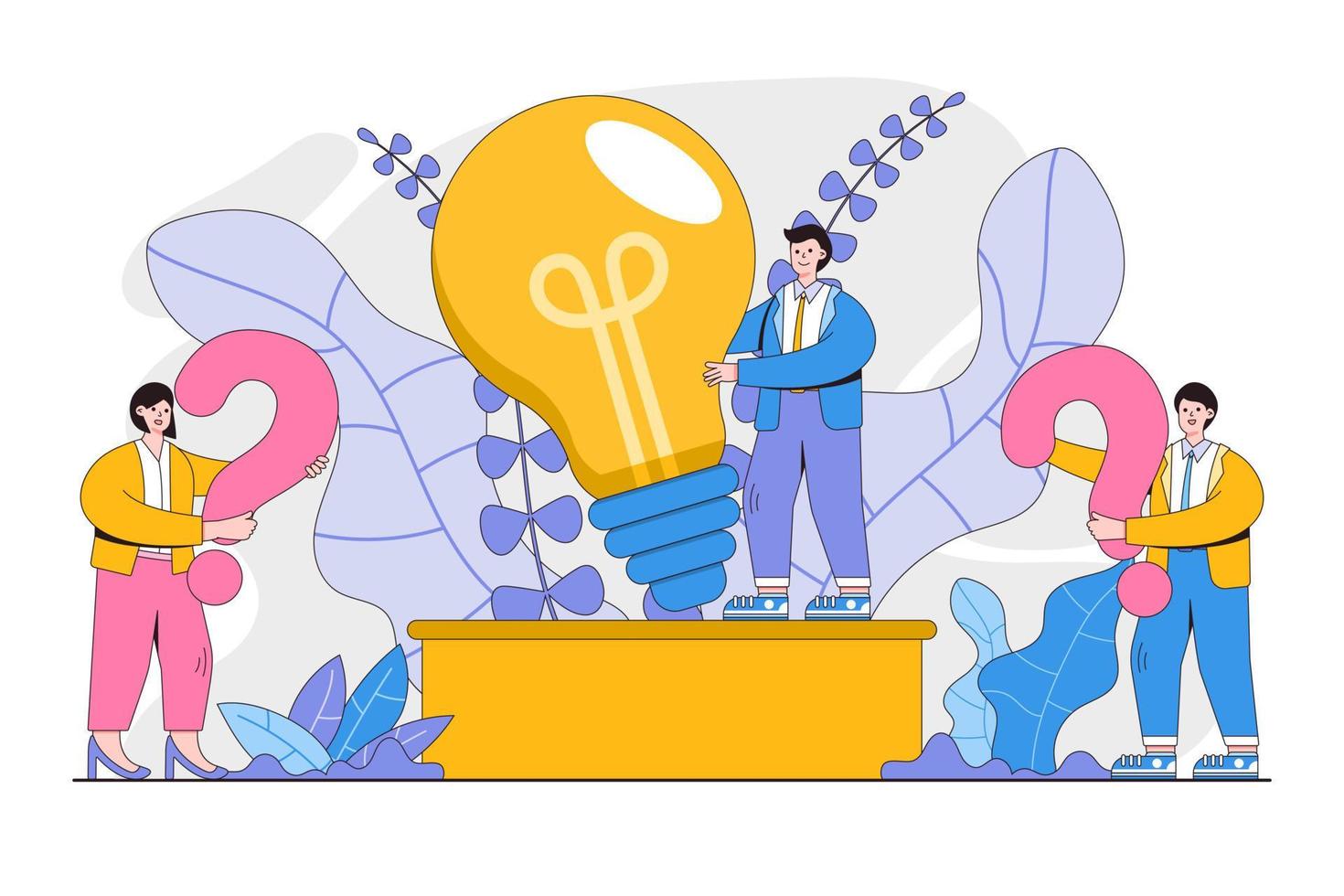 Confused business people holding question marks and light bulb on. Cartoon vector illustration of businessman, businesswoman wondering and doubting. Concept of making decision