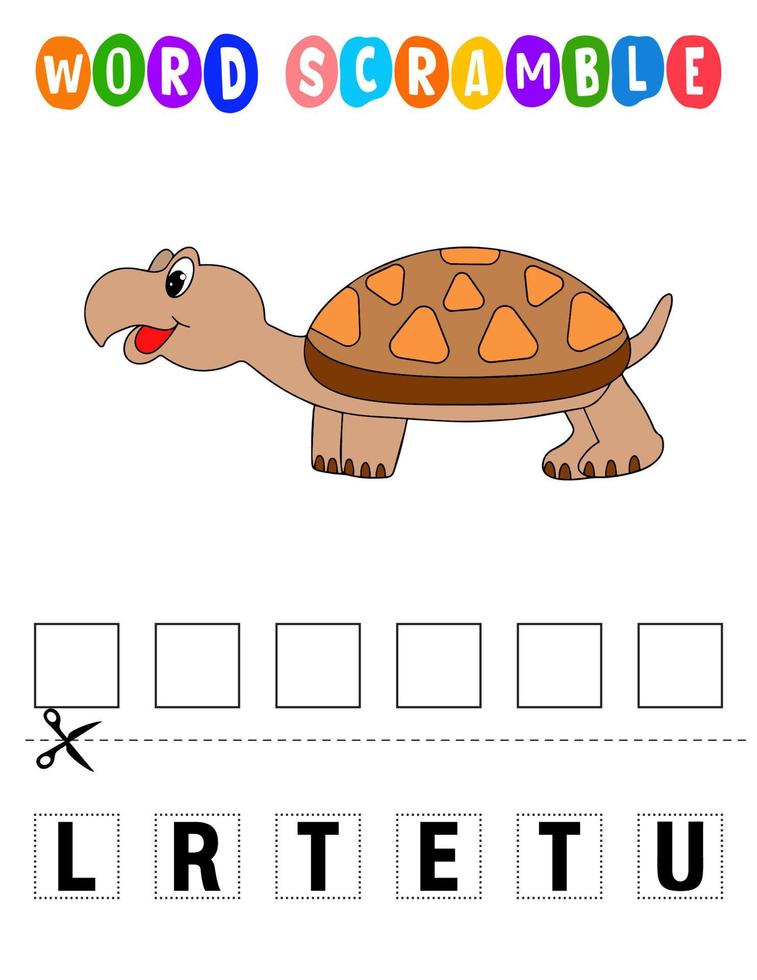 sopa de letras de tortugas. juego educativo para niños. hoja de trabajo de ortografía en inglés para niños en edad preescolar vector