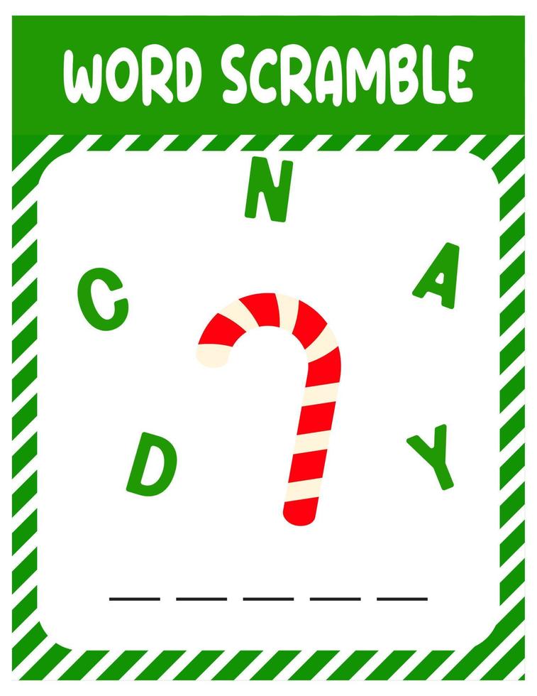 Candy Word scramble . Educational game for kids. English language spelling worksheet for preschool children. vector