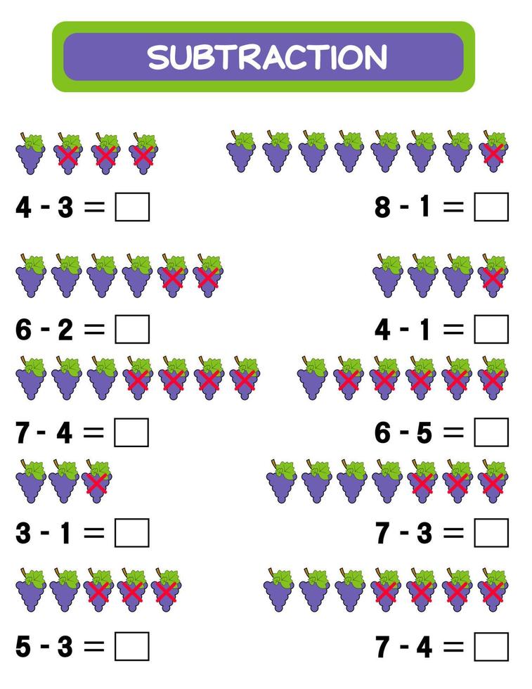 sustracción. hoja de trabajo de matemáticas para niños. desarrollo de habilidades numéricas. Resuelve ejemplos y escribe. matemáticas. ilustración vectorial. juego educativo de matemáticas para niños. resta para niños. vector