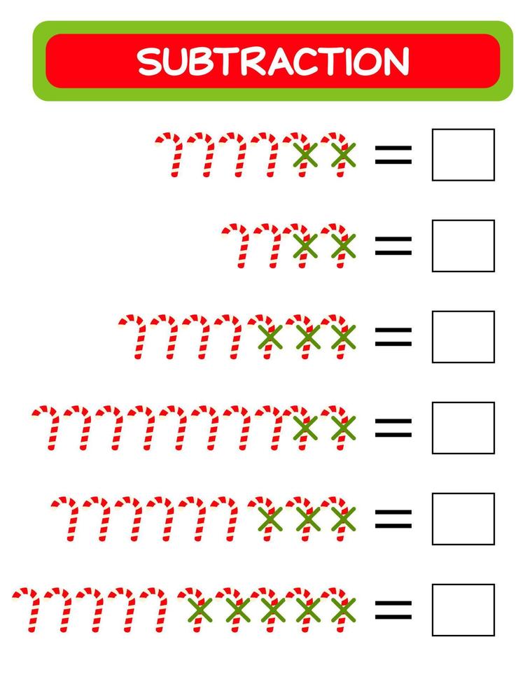 Subtraction.  Math worksheet for kids. Developing numeracy skills. Solve examples and write. Mathematics. Vector illustration.Educational math children game. Subtraction for kids