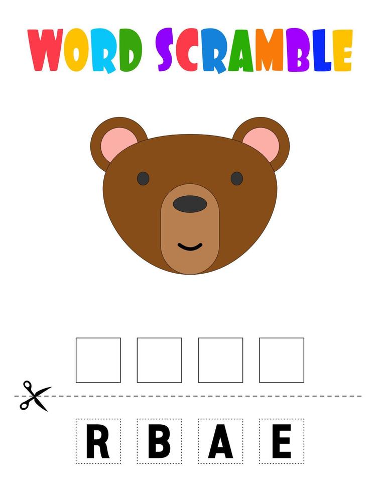 Bear Word scramble . Educational game for kids. English language spelling worksheet for preschool children. vector